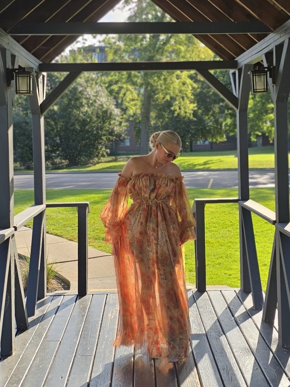 MIMI BOUTIQUE Sheer Off-Shoulder Maxi Dress in Rust Floral made In POLAND - Picture 4 of 9
